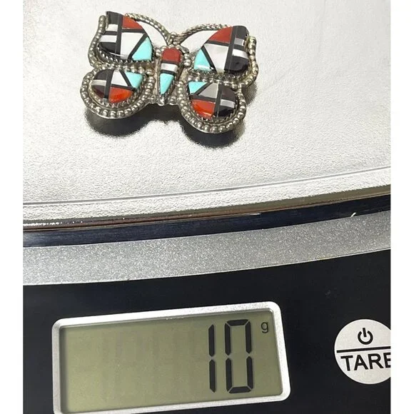 Zuni Native American Inlay Gemstones Butterfly Pin Brooch Pendant Signed Silver - Picture 10 of 13